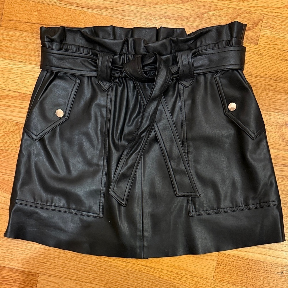 Zara Black Faux Leather Mini Skirt with Tie Belt
